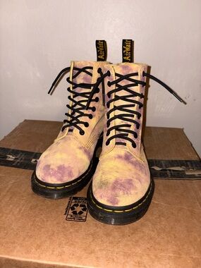 Dr. Martens Yellow and Purple Tie-Dye Combat Boots